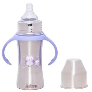 Adore Advance Magnus Printed Stainless Steel Feeding Bottle with Food Grade Anti Colic Silicone Teat & Detachable Twin Handle -250 ml (Owl)