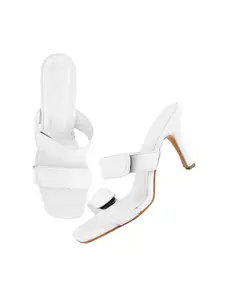 The White Pole Chunky Strap Stiletto Heels Comfortable Sole & Trendy Party Pencil Heel Sandals For Women