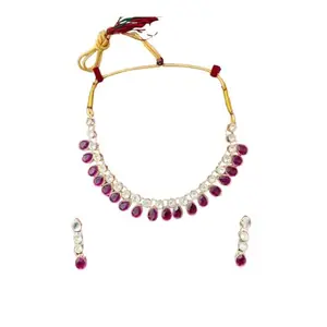 Traditional Ruby and Crystal Necklace Set with Earrings, Gold-Toned