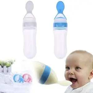 MOM'S PRIDE 90ML Newborn Baby Feeding Bottle | Toddler Silicone Squeeze Feeding Spoon Milk Cereal Bottle | Baby Training Feeder | (Pack of 2) (White,Blue)