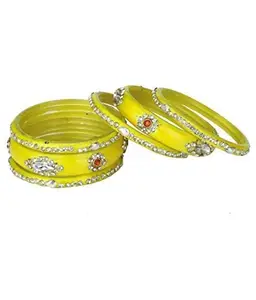 Designer Fancy Party Glass Bangle/Kada Set Of 6 Decorative With Colorful Beads & Stone, Yellow (Bangle-FJ1.d_bang)