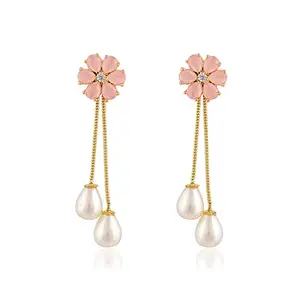Ratnavali Jewels Gold Plated Brass Sparkling White Red Green Blue Pearl Red Pink Mint Dangle and Drop Earrings Top for Women and Girls (RV2966P-6, Pink)