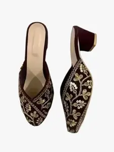 Women's Embroidered Velvet Mules, Brown with Gold Floral Design, Block Heel (RED, UK Footwear Size System, Adult, Women, Numeric, Medium, 3)