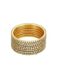 Atibelle Set Of 8 Gold Plated & white stone- stone studded Square- shaped classic bangles (2-8)