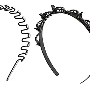 Evrysdi Women Metal Zig Zag Hair Band with Plastic Hair Band Combo Set for Hair Styling Black_Color(Pack of 2)