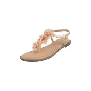 Mochi Women Beige Floral T-Strap Comfortable Casual Sandals UK/6 EU/39 (33-916)
