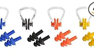 Silicone Swimming 4 Set Nose Clip with Ear Plugs Set for Swimming or Other Watersports Black, Blue, Orange, Green, Pink & (Multicolor) One Set Random will be send