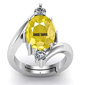 ANUJ SALES 8.25 Carat Yellow Sapphire Stone Silver Plated Adjustable Ring Original and Certified Natural Pukhraj Unheated and Untreated Gemstone Free Size Anguthi for Men and Women