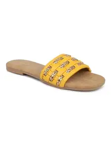 INC.5 Women Mustard Stones Embellished Open Toe Flats