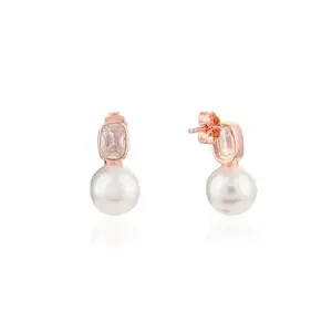 METALM White Pearl Bridal Earrings with Cubic Zirconia Octagon Crystal Top- Perfect for Brides, Bridesmaids, Wedding Party and Everyday Wear