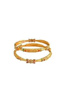 Gold-Polish Bangle Set with Crystal Accents, Textured Design, Burgundy Stone Details
