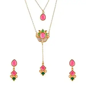 VOYLLA Forever More Pink Stones Enamelled Layered Necklace Jewellery Set For Women, Enamelled Necklace Set, Everyday, Festive, Wedding, Gift For Women