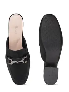 SHERRIF Women's Stylish Back Open Mules | Slip-On Casual & Office Wear Shoes | Soft Cushioned Sole with Metal Chain Detail | Comfortable Low Heel Slides for Girls & Women(187) Black