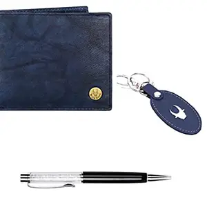 WildHorn Leather Wallet Keychain & Pen Combo for Men I Gift Hamper (GIFT2052BLU ANT+BLK S+BLU Kring)
