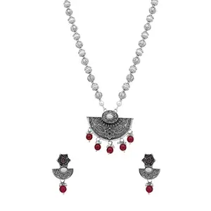 Yellow Chimes Jewellery Set for Women and Girls Silver Oxidised Necklace | Silver Oxidised Red Beads Drop Choker Necklace Set for Women | Birthday Gift For Girls and Women Anniversary Gift for Wife