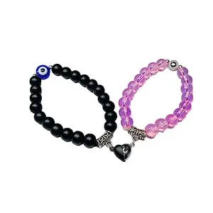 Skyuni Collection White Black Natural Stone Beads Matching Heart Magnetic Bracelet for Men, Women For Couples - 2pcs/set (Pink Evil Eyes)