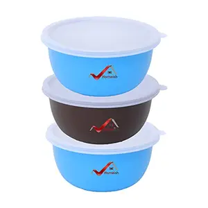 HOMEISH Microwave Safe, Plastic Coated Stainless Steel Bowls with Lids Set of 3 for Re-Heating, Serving, Storage (Blue x 2 Pcs, Brown x 1 Pc, 14cms x 7cms, Approx.500ml Each)