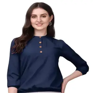 BeoDap VANSH Creation Women's Rayon Casual 3/4 Sleeve Banded Collar Solid Top for Girls & Women (Color : Navy Blue) (XL)