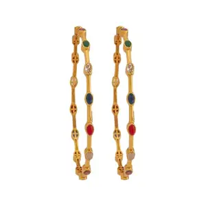 Kushal's Fashion Jewellery Navaratna Gold Plated Ethnic 92.5 Pure Silver Temple Bangles - 426467