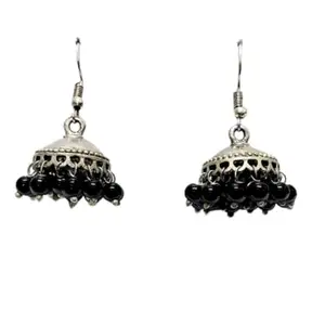 Traditional Jhumka Earrings, Sterling Silver-Toned with Black Beads, Dome Shape