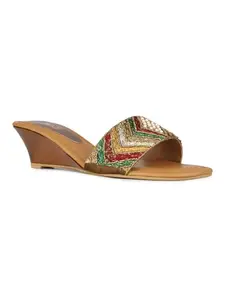 Inc.5 Womens Golden Ethnic Embellished Square Toe Wedge Heel Sandals