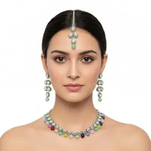 Vintage Style Pearl and Gemstone Necklace Set, Multi-Colour Beads, Antique Finish (OG-53.2)