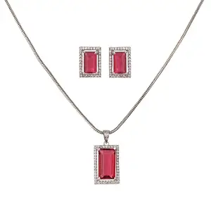 RATNAVALI JEWELS American Diamond Silver Plated Chain with Rectangle Red Stone Pendant with Earrings for Women/Girls