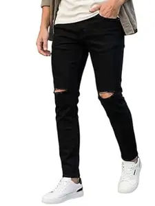 Urbano Fashion Men's Stretch Fit Mid Rise Knee Slit Distressed Jeans Stretchable