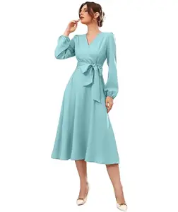 Vivvli Women's Polyester A-line V-Neck Bishop Sleeve Midi Belted Dress (Pista, X-Large)