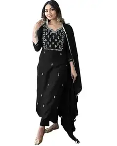 cozykind Women’s Black Rayon Sub Kurta Bottomwear Set with Rayon Dupatta | Elegant Ethnic Kurta Pant Dupatta Set for Ladies