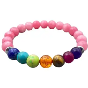 RRJEWELZ Natural 7 Chakra Stone & Pink Jade 8mm Round Shape Smooth Cut Beads 7.5 Inch Stretchable Bracelet For Men & Women. Unisex Bracelet For Healing, Meditation, Prosperity, Gift & Luck|STBR_RR_10517_7.5