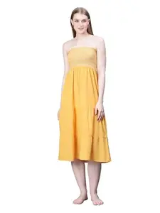 oxolloxo Women Yellow Elasticated Smocked Off-Shoulder Flared Beachwear Cotton Dress