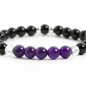 LKBEADS Natural Amethyst & Black Tourmaline 8mm Round Shape Smooth Cut Beads 75 inch Stretchable Bracelet for Men & Women|STBR_RR_00455_75