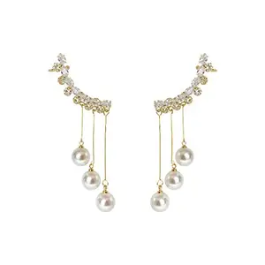 Vembley White Pearl Tassels Crystal Studded Ear Cuff Korean Drop Earrings