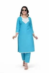 Women's Silk Blend Solid Straight Kurta with Pant Set Turquoise Blue