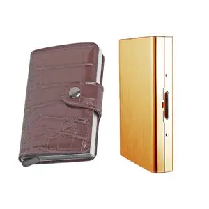 Stealodeal Metal and PU Unisex Cash and Card Holders, Pack of 2, Rose Gold & Brown