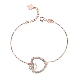 LeCalla 925 Sterling Silver BIS Hallmarked Rose Gold Plated Cubic Zirconia Intertwined Open Heart and Circle Cable Link Chain Bracelet for Women and Girls 7.5 Inches