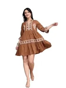 Stylum Women's Brown Woven Embroidered Cotton Dobby Tiered Dress
