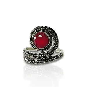Neersterlings Vintage Style Ruby Red Stone Ring | 925 Silver | Marcasite Accents