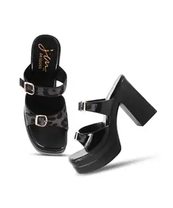 JM LOOKS Women’s Block Heel Sandals Square Open Toe Two-Strap Chunky High Heels with Buckle Strap Design for Party Wedding - Black