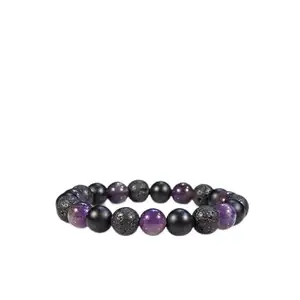 LKBEADS Natural Black Onyx, Amethyst & Black Lava 10mm Round Shape Smooth Cut Beads 6.5 Inch Stretchable Bracelet for Men & Women.|STBR_RR_01638_6.5