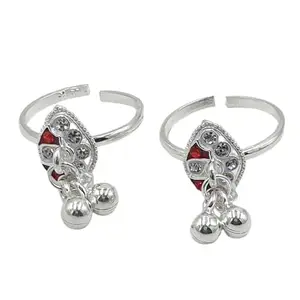 Sahiba Gems Pure Silver (Chandi) Designer Red Cz Ghungroo Toe Rings/Bichiya For Women