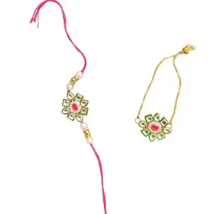 Designer Kundan Rakhi and Bracelet Set, Pink Thread Rakhi with Gold Chain Adustable Bracelet