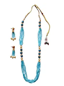 Kantha Necklace Set, Blue and Gold Beads, Multistring