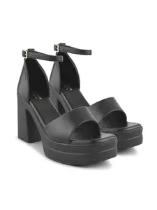 JM LOOKS Women's Block Heel Sandal Platform Sandal Ankle Strap Open Square Toe High Heel Sandal for Wedding Party Evening Prom - Black
