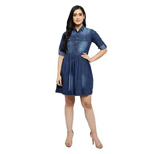MANTICORE Women's Cotton Denim Blue Solid Fit and Flare Dress-DF-02-BLUE-S