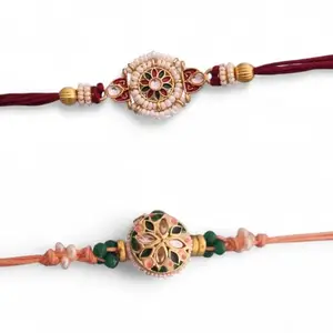 Ideaz unlimited Designer Floral Motif & Traditional Red Thread Rakhi | Pearl & Gold Accents for Rakshabandhan | Pack of 2 Rakhi with Roli Chawal
