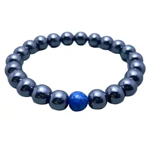 LKBEADS Lapis Lazuli & Hematite Bracelet | Beaded Healing Jewelry | Natural Stone Bracelet for Meditation And Balance|8mm Round|Smooth|Grey & Blue|SRC_LI_000357