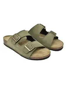 NICO NERINI Men's Genuine Leather Comfort Slide Sandals – Dual Adjustable Buckle Straps with Arch Support and Cork-Inspired Sole