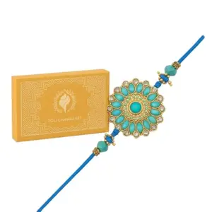 Designer Floral Rakhi for Brother with Roli Chawal Chandan Mishri Kit | Unique Rakhi Set for Brother | Carefully curated Pack is Perfect for Celebrating Raksha Bandhan